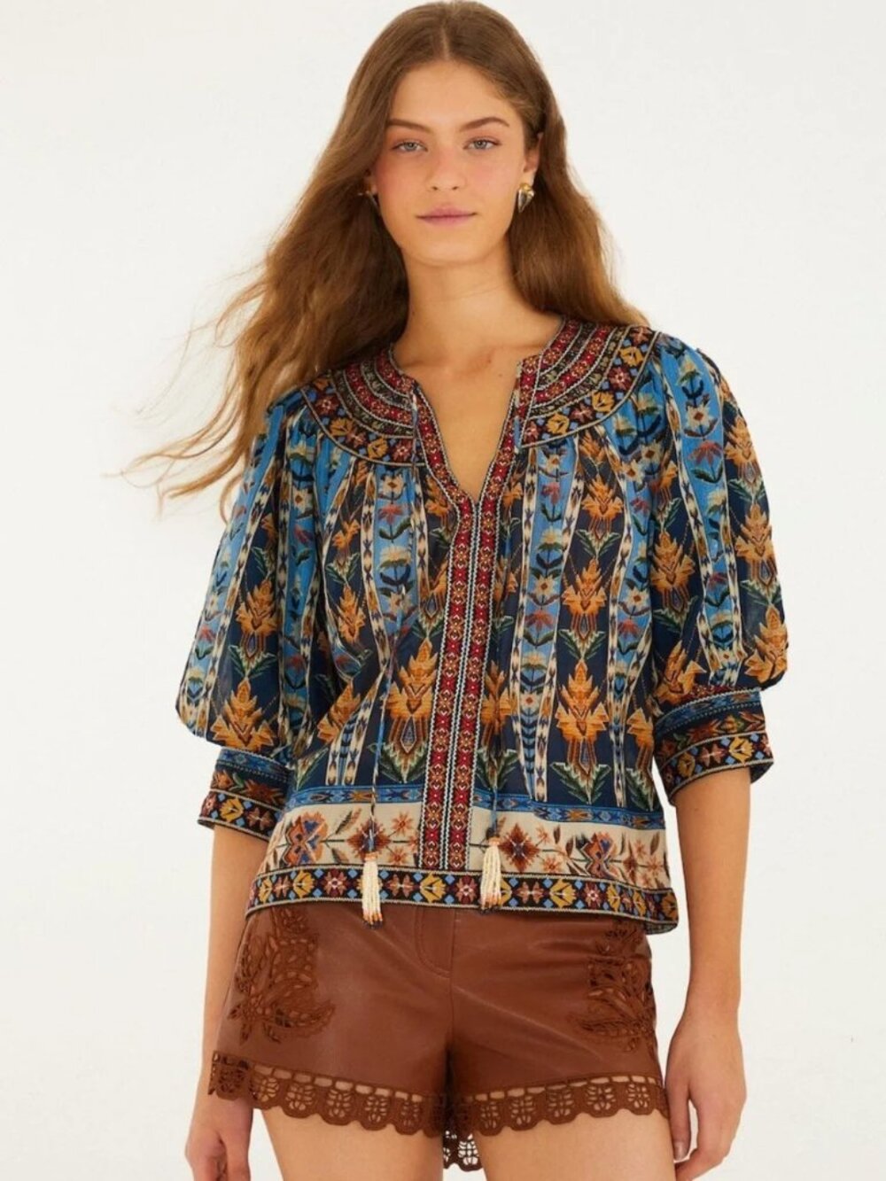FARM Rio Blue Embroidered Tapestry Tassel Puff Sleeve Cotton Blouse Sz Small NWT